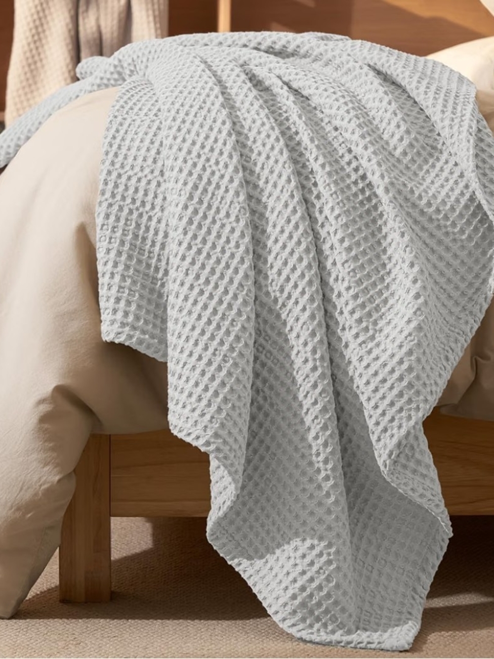 Light Gray Waffle Cotton Throw Blanket - Cozy Neutral Accent